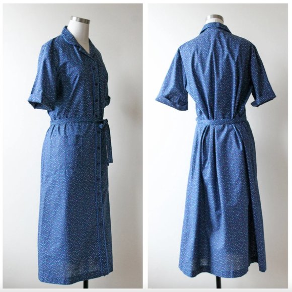 1970s Blue Multicolor Floral Print Short Sleeve Button Down Collar Shirt Dress - Picture 2 of 10
